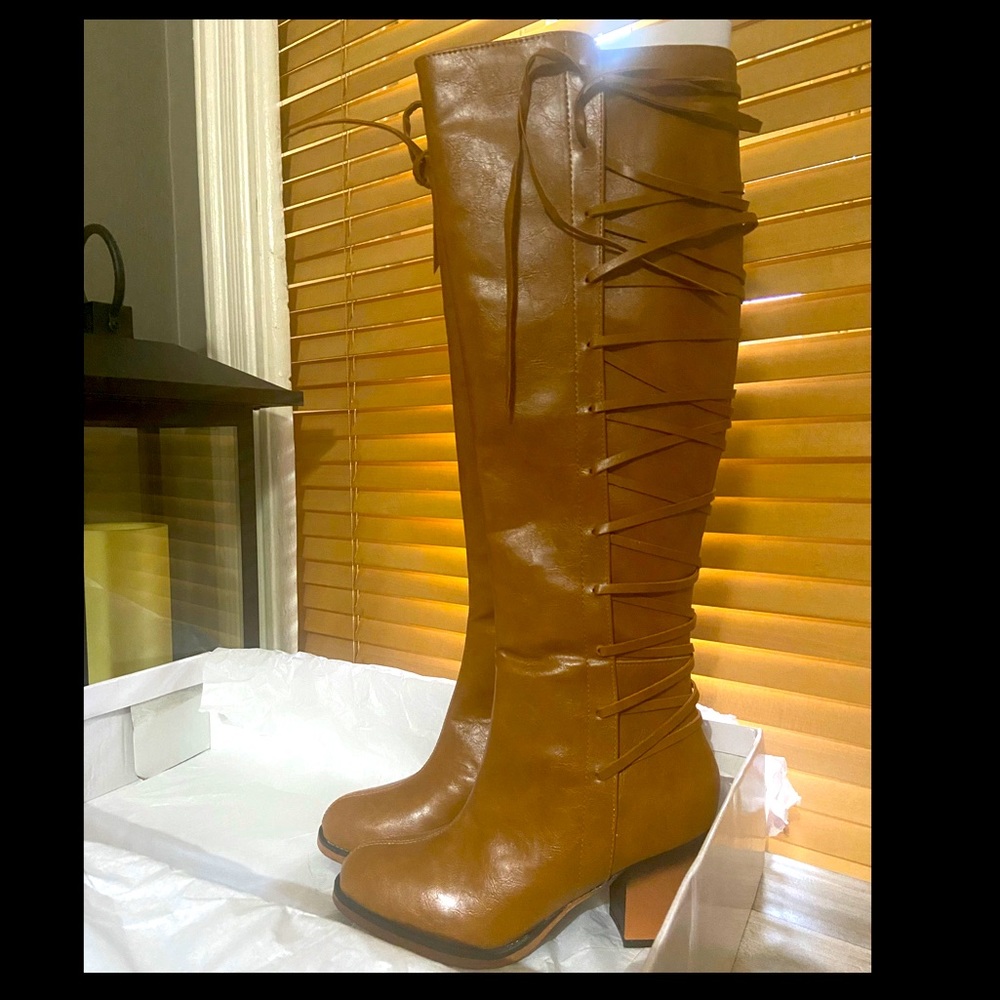 Venus: Lace Up Detailed Boots In Cognac (NEW)